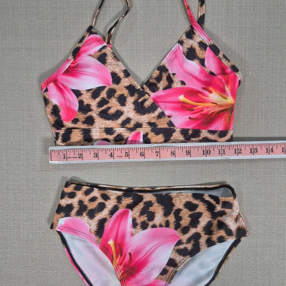 Girls Leopard Floral 3 Piece Swimsuit Bikini Sarong Set Pink Lily Size 12Y